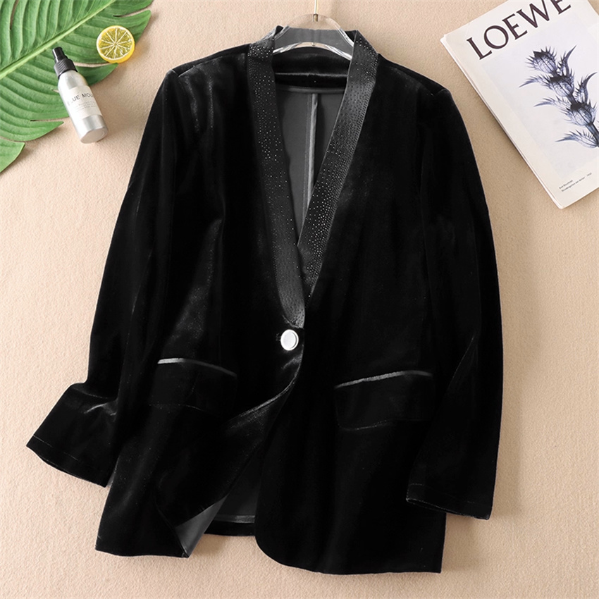 Velvet Blazer Vintage - เสื้อเบลเซอร์กำมะหยี่สีทองสไตล์วินเทจสำหรับผู้หญิงไซส์ใหญ่ ฤดูใบไม้ร่วง ฤดูหนาว แจ็คเก็ตสูทลำลองทรงหลวม ประดับคริสตัลสีดำ คอวี
