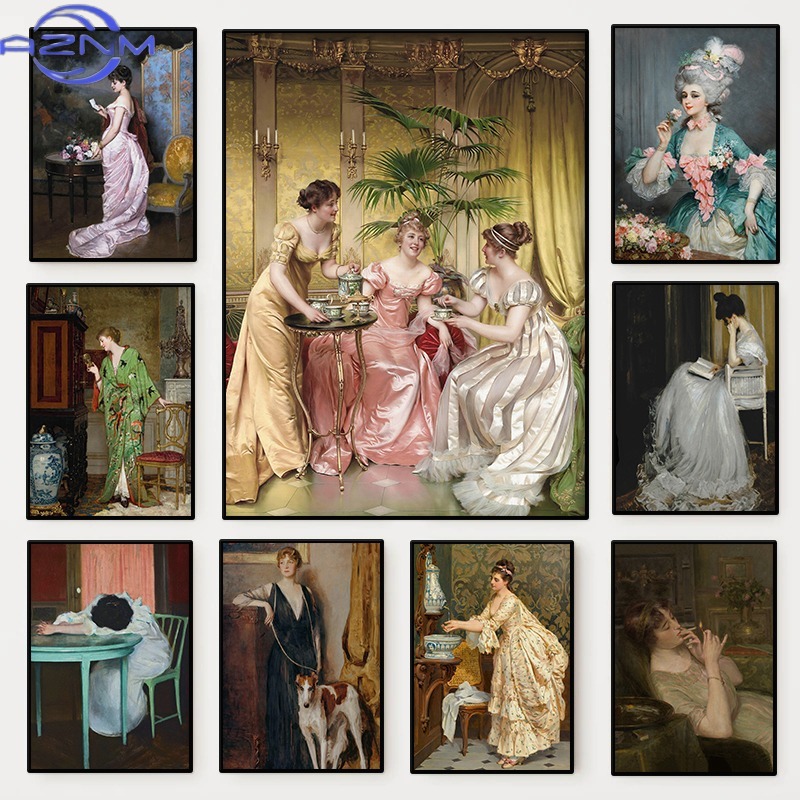 Vintage Fashion Prints For Wall - โปสเตอร์ภาพเหมือนผู้หญิงยุคเรอเนซองส์ ภาพวาดบนผ้าใบสไตล์วิคตอเรียน ภาพศิลปะติดผนังสำหรับตกแต่งบ้าน ห้องนั่งเล่น