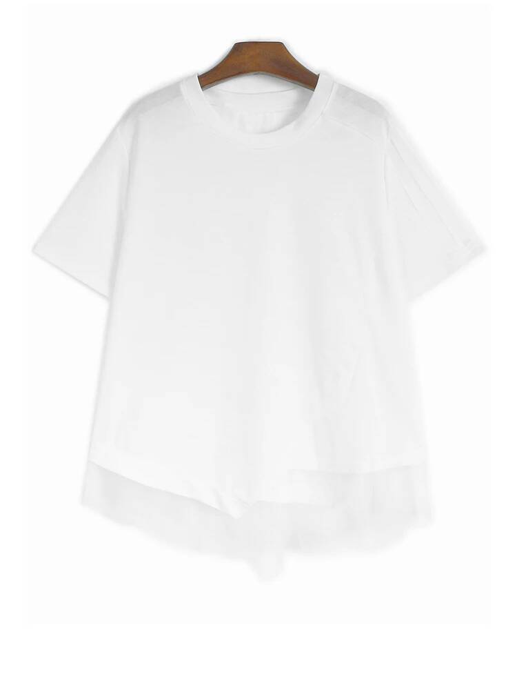 Vintage Fashion Build - เสื้อยืดผู้หญิงสีดำตาข่ายตัดต่อทรงไม่สมมาตร ไซส์ใหญ่ คอกลม แขนสั้น แฟชั่นฤดูใบไม้ผลิ-ฤดูร้อน 2026