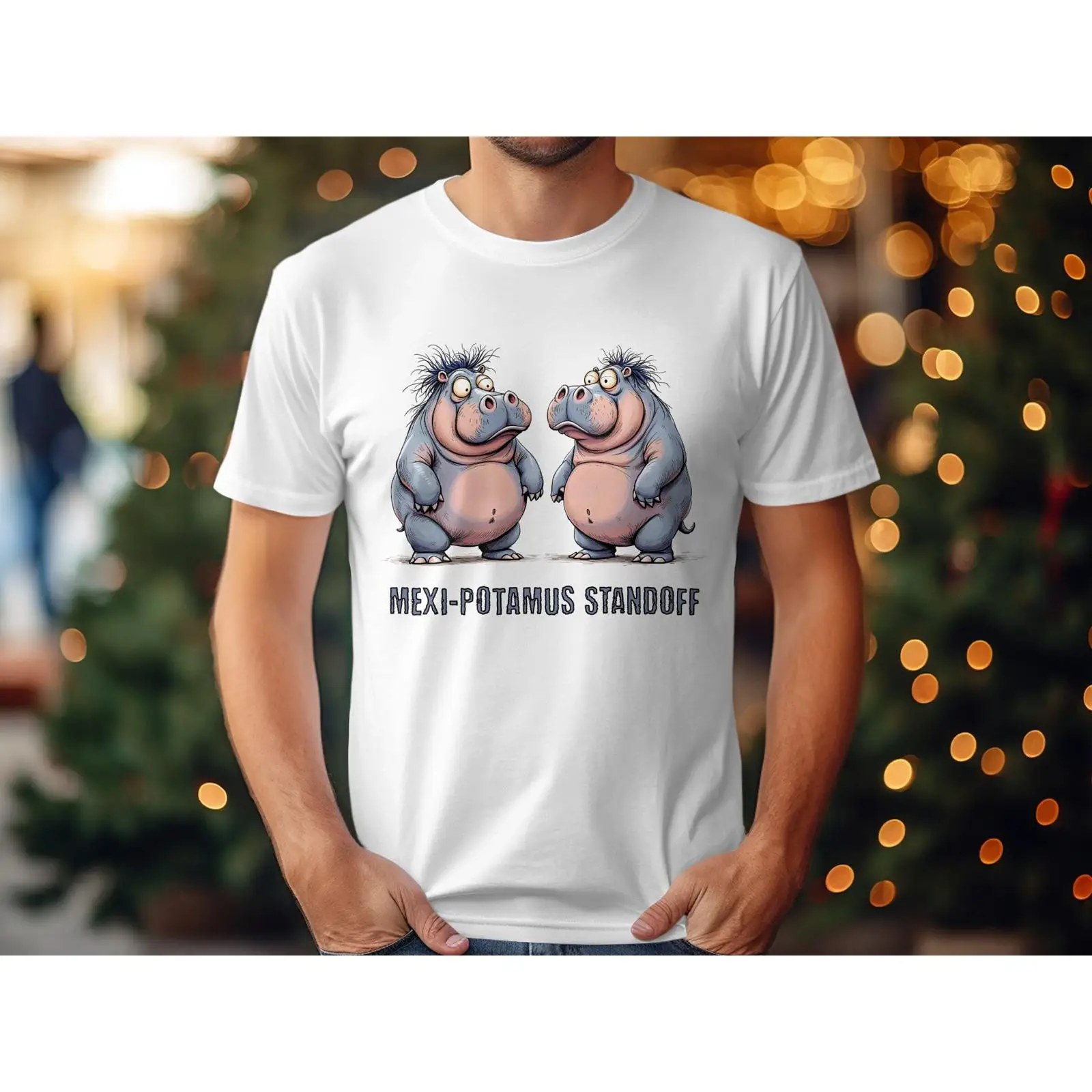 Quirky Vintage Fashion - เสื้อยืดฮิปโปตลกขบขัน Mexi Potamus Standoff ลายการ์ตูนสัตว์แปลกตา สไตล์วินเทจ