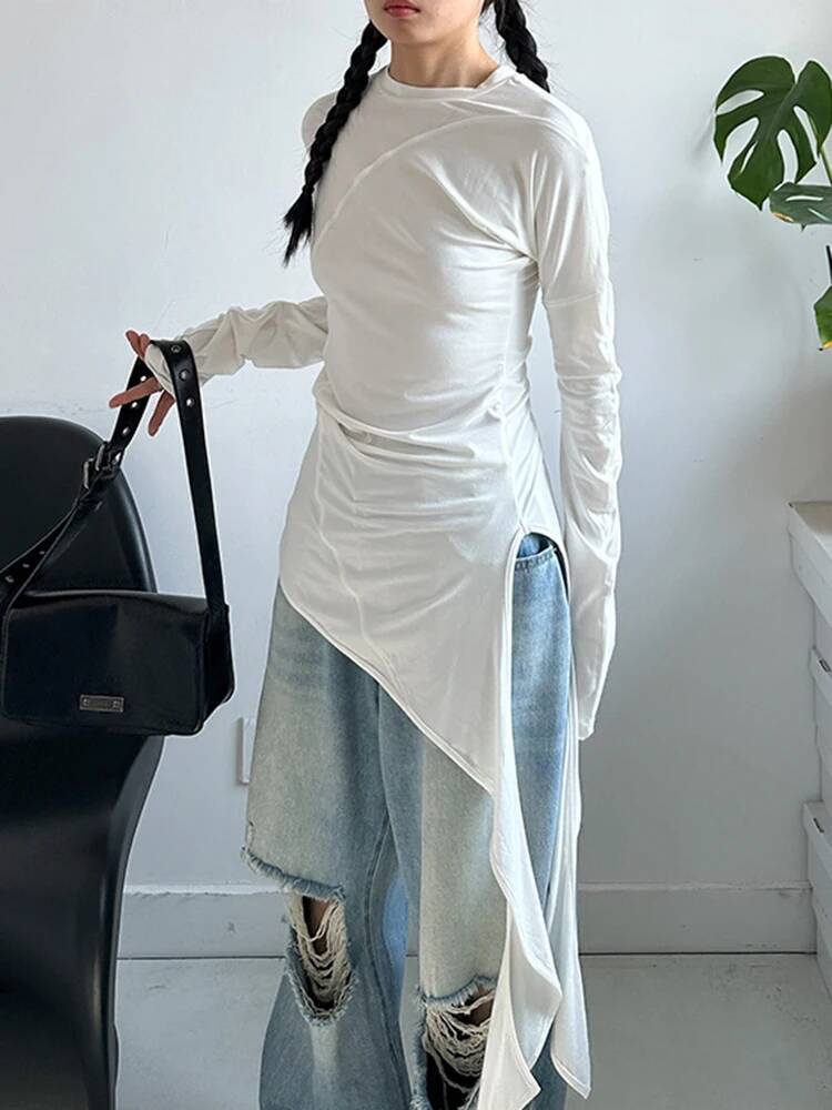 Vintage Fashion Build - เฮม วีเมนสีขาวไม่สม่ำเสมอเสื้อยืดทรงสลิมยาวหรูหราใหม่คอกลมแขนยาวแฟชั่นฤดูใบไม้ผลิฤดูใบไม้ร่วง 2026 1D4WF
