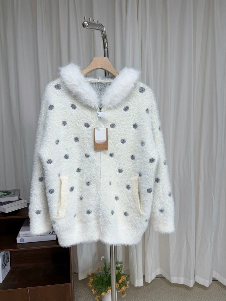 Vintage Fashion In Japan - เสื้อโค้ทลายจุดสไตล์เกาหลีหวานๆ ยุค 2000 เสื้อฮู้ดดี้คอขนสไตล์ญี่ปุ่นน่ารัก Y2K เสื้อคาร์ดิแกนฮาราจูกุวินเทจ
