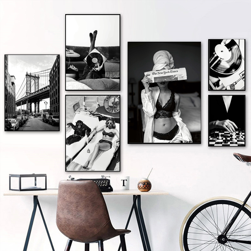 Vintage Fashion Prints For Wall - สีดําและสีขาว Vintage Wall Art ภาพวาดผ้าใบแฟชั่นผู้หญิงเสือดาวรถ CD