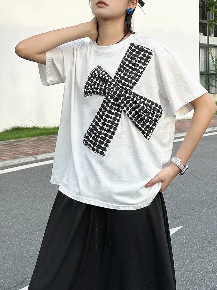 Vintage Fashion Build - ดอท วีเมนเสื้อยืดพิมพ์ลาย 3 มิติโบว์ใหญ่สีขาวคอกลมแขนสั้นแฟชั่นฤดูใบไม้ผลิฤดูร้อน 2026 GMUZ