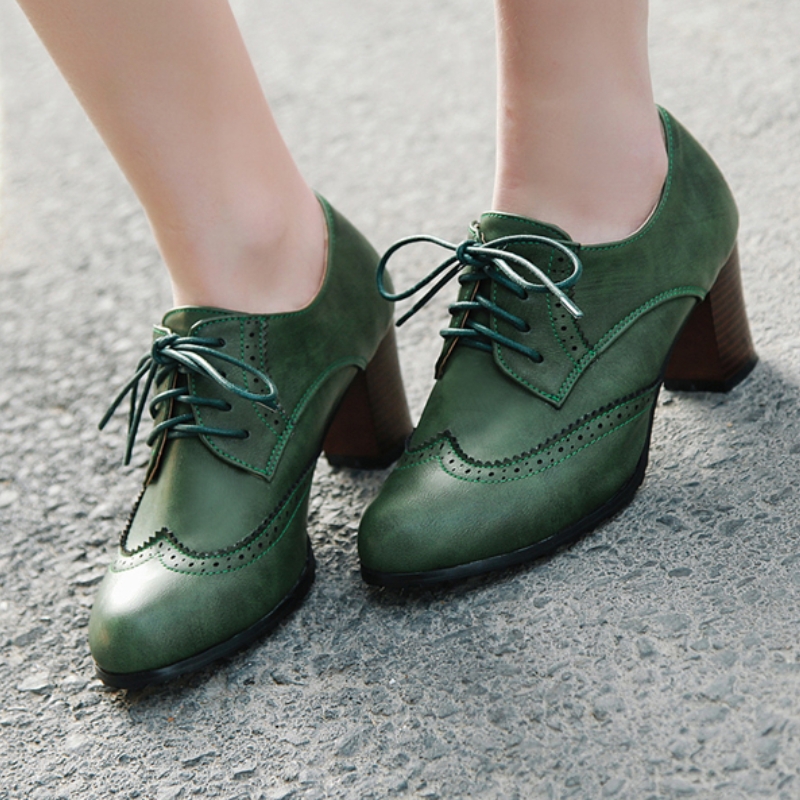 Vintage Old Fashion - วินเทจผู้หญิงรองเท้าส้นสูงรองเท้าLoaferใหม่ 2025 Lace-Upสีดําสีขาวสีเขียวรองเท้าส้นสูงPartyรองเท้ารองเท้าหญิงขนาดใหญ่
