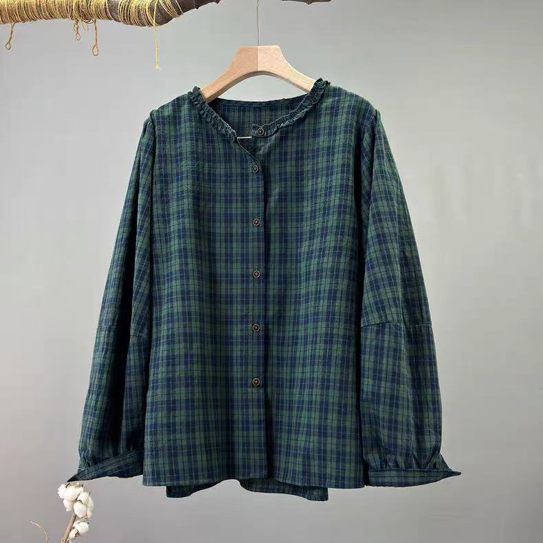 Vintage Fashion In Japan - เสื้อเชิ้ตลายสก็อตผู้หญิงแฟชั่นญี่ปุ่นปี 2026 ผ้าฝ้าย 100% สีดำเขียว เสื้อเชิ้ตแขนยาวสไตล์วินเทจ