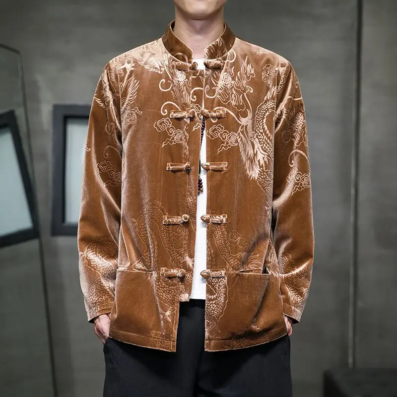 Velvet Blazer Vintage - ฤดูใบไม้ร่วงฤดูหนาว Vintage สีดําสีน้ําตาลกํามะหยี่รูปแบบ Dragon Tang เสื้อสูทผู้ชายแบบดั้งเดิมจีนเสื้อลําลอง
