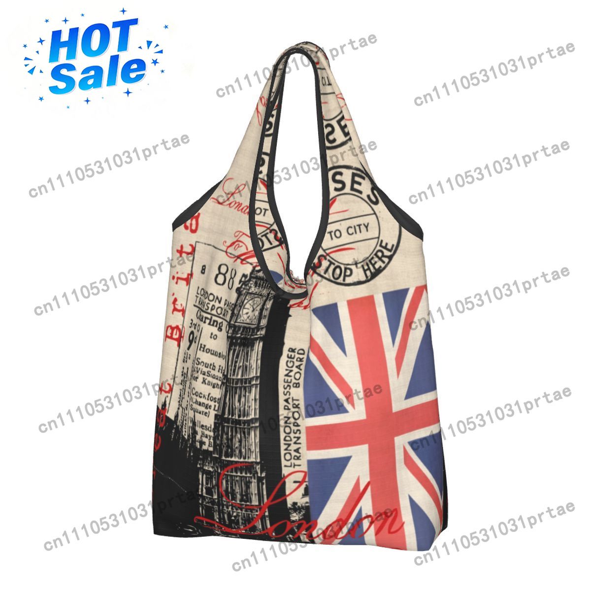 Vintage Fashion London - กระเป๋าช้อปปิ้งสไตล์เรโทรวินเทจลอนดอน ลายธงชาติอังกฤษ ขนาดใหญ่ สะพายไหล่ พกพาสะดวก