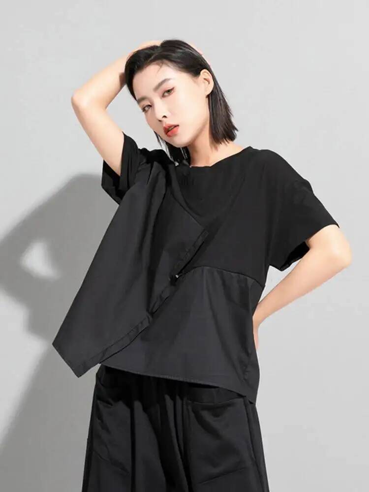 Vintage Fashion Build - เสื้อยืดลำลองผู้หญิงสีดำมีเชือกรูดขนาดใหญ่ใหม่คอกลมแขนสั้นแฟชั่นฤดูใบไม้ผลิฤดูร้อน 2025 GV7R
