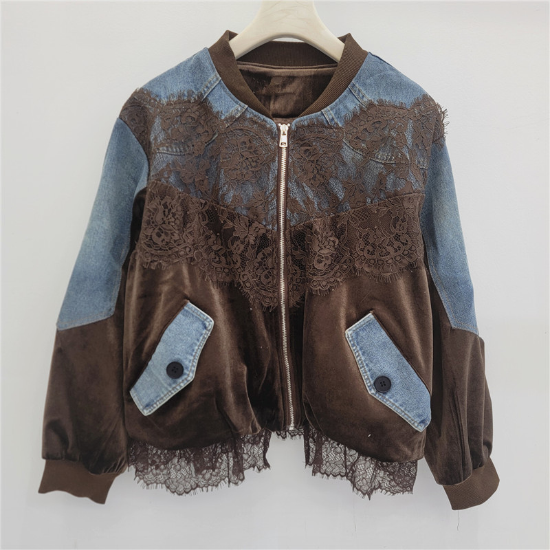 Velvet Blazer Vintage - แจ็คเก็ตเบสบอลคอปกแบบมีซิป ผ้ายีนส์กำมะหยี่ แต่งลูกไม้ กระเป๋าแต่งลูกไม้ ชายเสื้อลูกไม้ สไตล์วินเทจลำลองสำหรับผู้หญิง