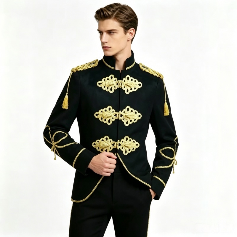 Velvet Blazer Vintage - เสื้อแจ็คเก็ตกำมะหยี่ผู้ชาย แต่งสายสะพายสีทอง คอตั้ง สไตล์ยุโรป วินเทจ แนวราชสำนัก
