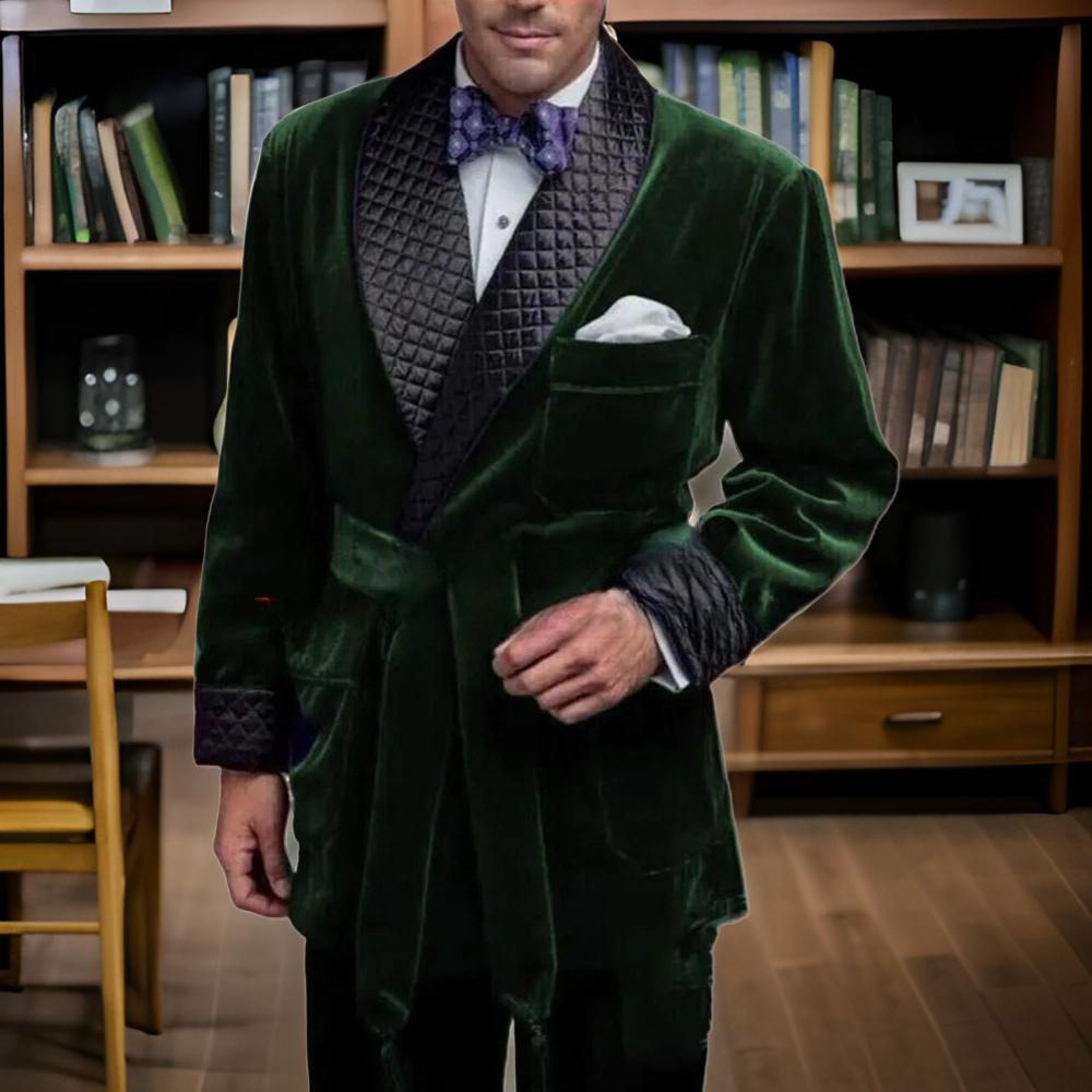 Velvet Blazer Vintage - กํามะหยี่สีเขียวสูบบุหรี่แจ็คเก็ตสําหรับชายกับเข็มขัดสีดําLapel Prom Blazer Custom Made Man