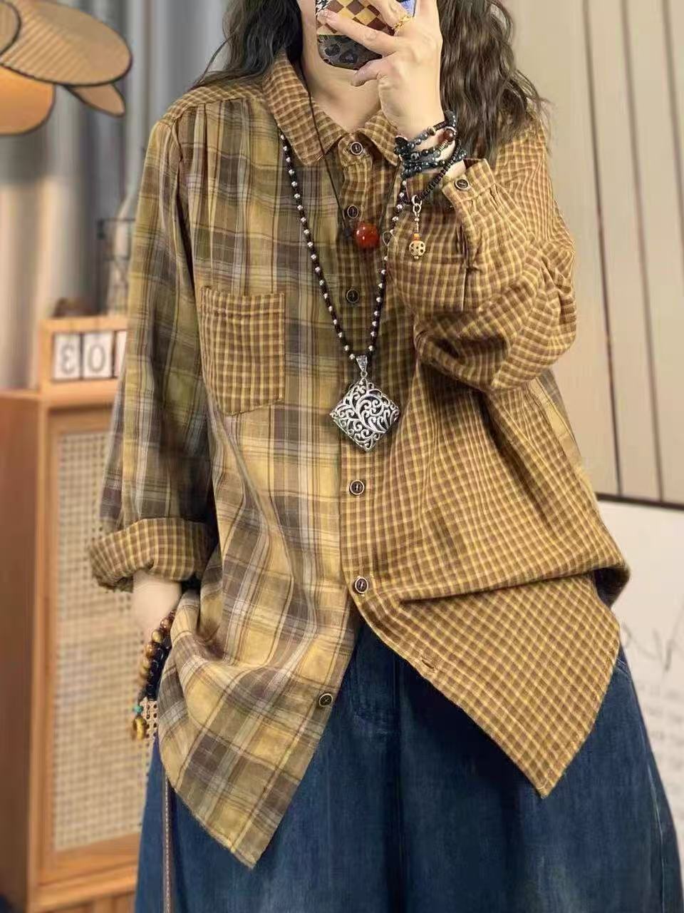 Vintage Fashion In Japan - เสื้อผ้าผู้หญิงฤดูใบไม้ร่วงปี 2026 แฟชั่นญี่ปุ่น เสื้อเชิ้ตลายสก็อตผ้าฝ้ายสำหรับผู้หญิง เสื้อเบลาส์แขนยาวลายสก็อตวินเทจแบบปะติด