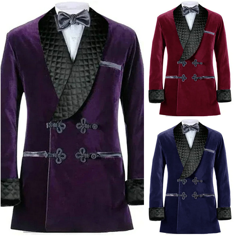 Velvet Blazer Vintage - แจ็กเก็ตสูบบุหรี่กำมะหยี่กระดุมสองแถวผ้าคลุมไหล่สีดำชุดทักซิโด้ทางการชุดสูทงานพรอมย้อนยุควินเทจ