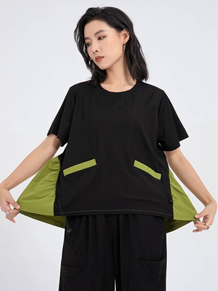 Vintage Fashion Build - เสื้อยืดผู้หญิงสีเขียวแบบคัลเลอร์บล็อก คอกลม แขนสั้น ไซส์ใหญ่ แฟชั่นใหม่ ฤดูใบไม้ผลิ-ฤดูร้อน
