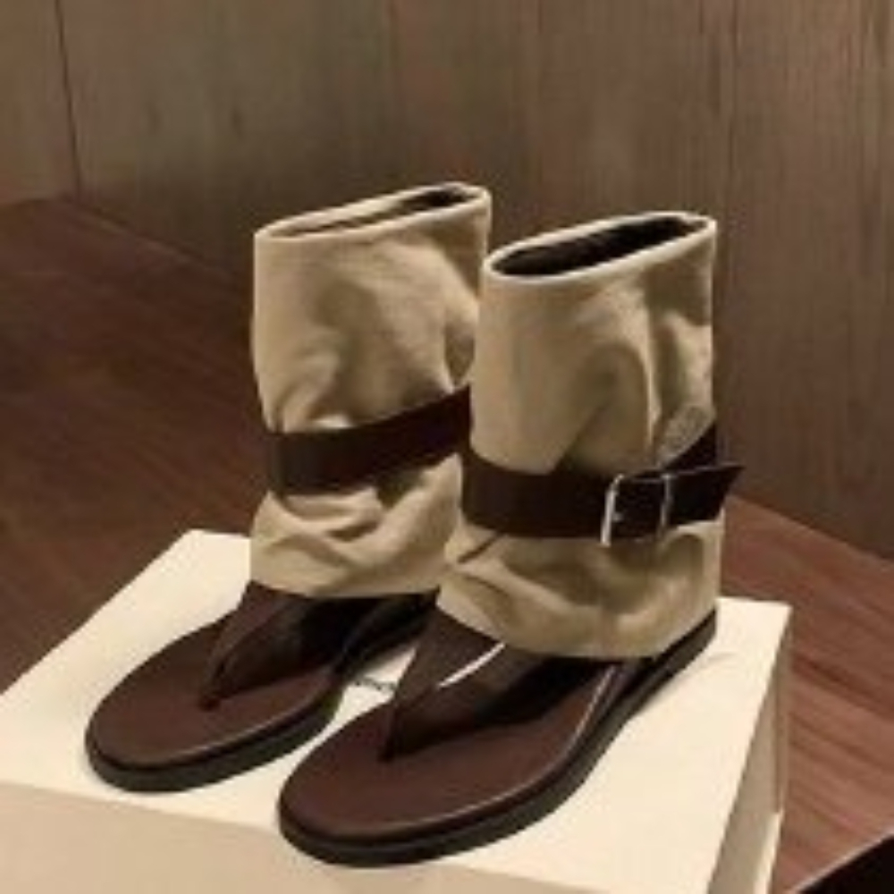 Vintage Old Fashion - รองเท้าแตะแบบมีห่วงรัดนิ้วเท้าสีวินเทจสำหรับผู้หญิง, รองเท้าบูทแบบโรมันหนังกลับพับได้พร้อมหัวเข็มขัด, รองเท้ากลาดิเอเตอร์ส้นแบนสำหรับผู้หญิง