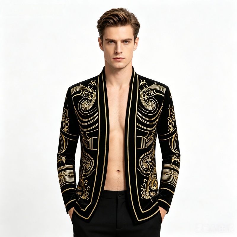 Velvet Blazer Vintage - เสื้อแจ็คเก็ตกำมะหยี่ปักลายสไตล์วินเทจสำหรับผู้ชาย เสื้อคลุมคาร์ดิแกน บลีเซอร์ ชุดนักร้องสำหรับคอนเสิร์ต งานปาร์ตี้ งานพรอม