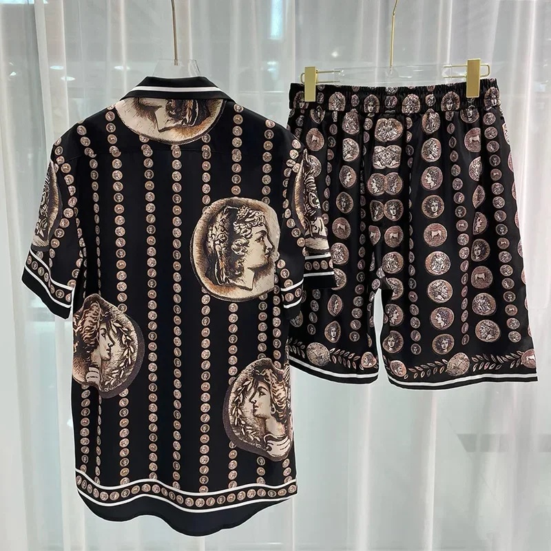 Vintage Old Fashion - ชุดเสื้อเชิ้ตผู้ชาย Royal Luxury ลายวินเทจ พิมพ์ลายตัวอักษร ชุดเสื้อฮาวาย