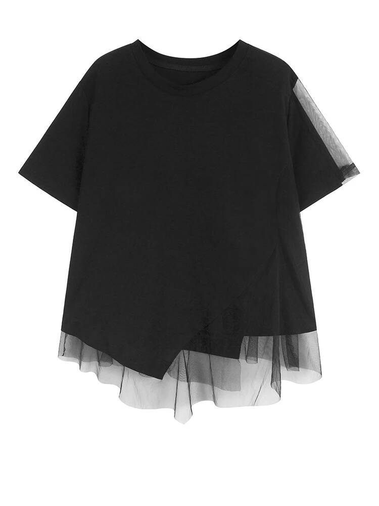 เสื้อยืดผู้หญิงสีดำตาข่ายตัดต่ - Vintage Fashion Build บทวิจารณ์และราคา