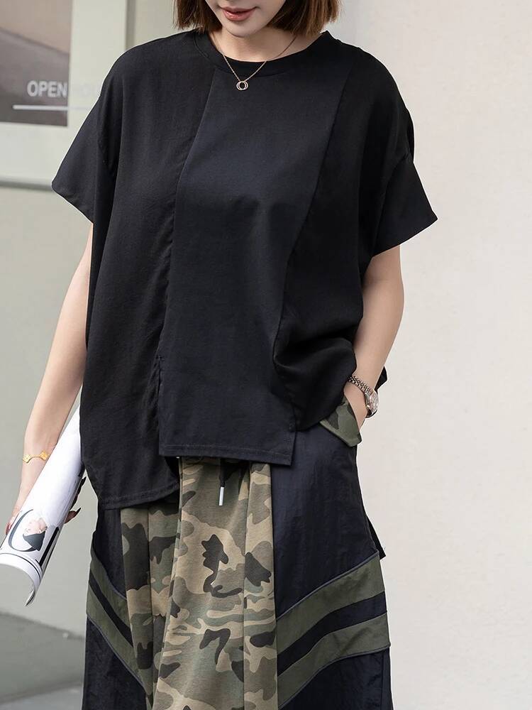 เสื้อยืดลำลองผู้หญิงสีดำทรงไม่ - Vintage Fashion Build บทวิจารณ์และราคา