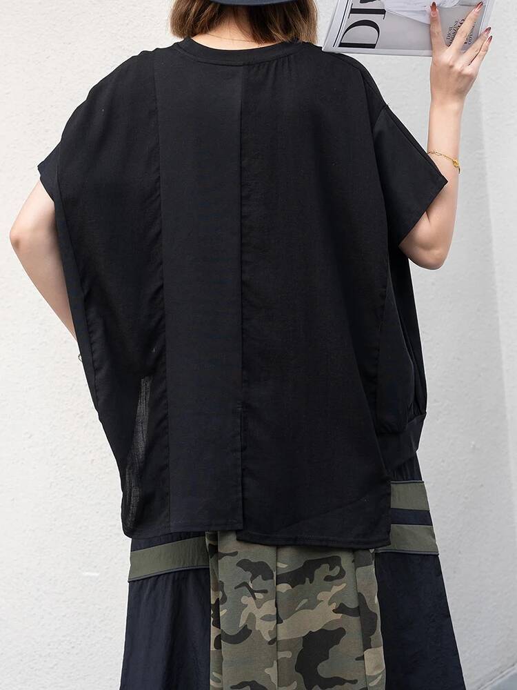 เสื้อยืดลำลองผู้หญิงสีดำทรงไม่ - Vintage Fashion Build บทวิจารณ์และราคา